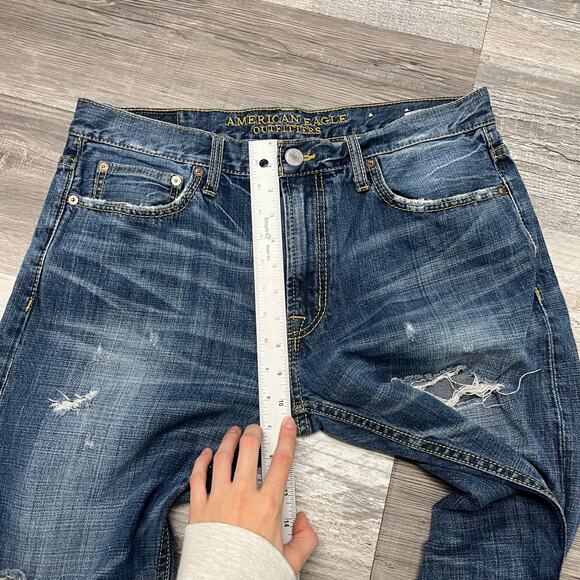 American Eagle Outfitters Faded Blue Mens‎ 33x31 Distressed Slim Straight Jeans - Picture 9 of 11